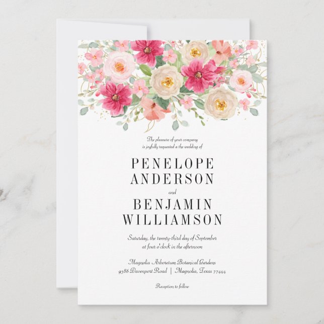 Invitación Elegant Watercolor Bright Pink Floral Wedding (Anverso)