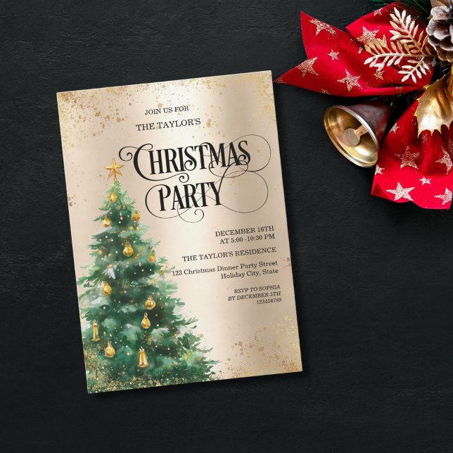 Invitación Elegant Watercolor Christmas Tree (Elegant watercolor Christmas tree invitation featuring a hand-painted tree with gold background)