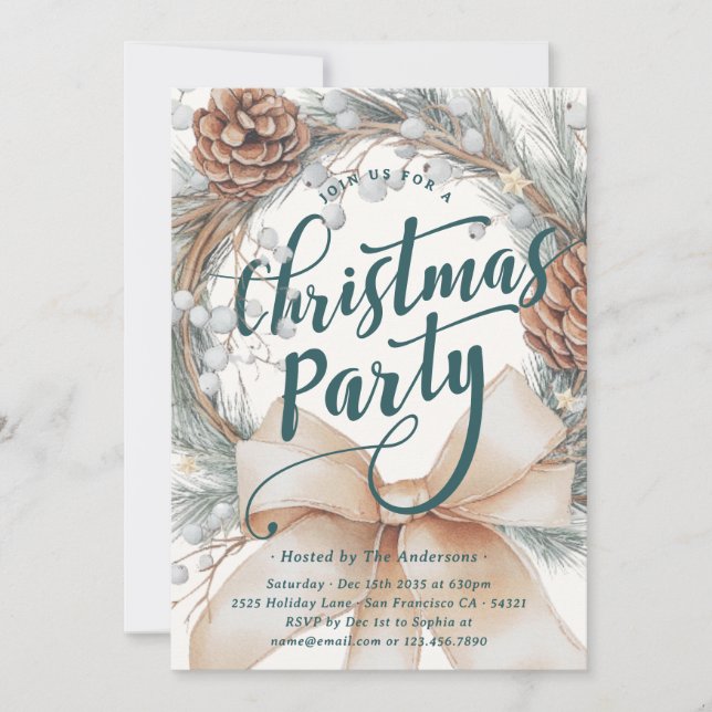 Invitación Elegant Watercolor Christmas Wreath Party (Anverso)
