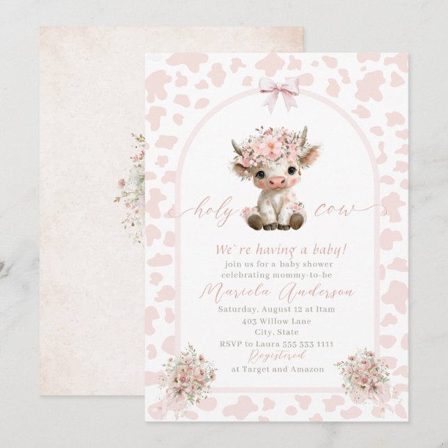 Invitación Elegant Watercolor Cow Holy Highland  Baby Shower (Anverso / Reverso)