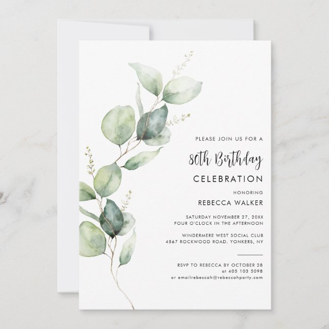 Invitación Elegant Watercolor Eucalyptus 80th Birthday Party (Anverso)