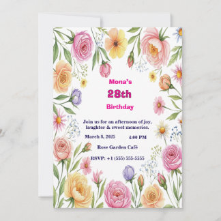Invitación Elegant Watercolor Floral 28th Adult Birthday Invi