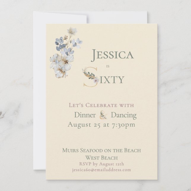Invitación Elegant Watercolor Floral Cream 60th Birthday  (Anverso)