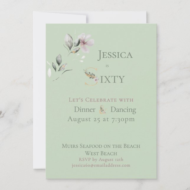 Invitación Elegant Watercolor Floral Sage 60th Birthday  (Anverso)