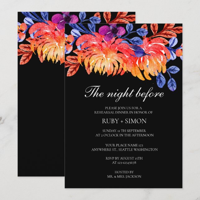 Invitación Elegant Watercolor Floral Wedding Rehearsal Dinner (Anverso / Reverso)