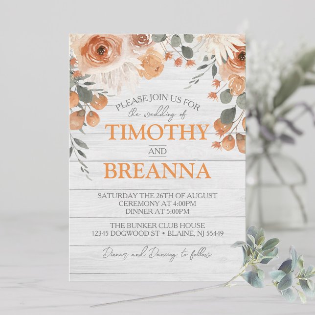 Invitación Elegant Watercolor Floral & Wood Wedding (Watercolor flowers & foliage in neutral and earthy colors on top of a grey wood wedding invitation)