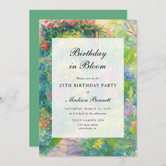 Invitación Elegant Watercolor Garden Adult Birthday Party (Anverso / Reverso)