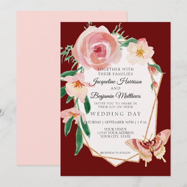 Invitación Elegant Watercolor Geometric Blush Gold Floral (Anverso / Reverso)