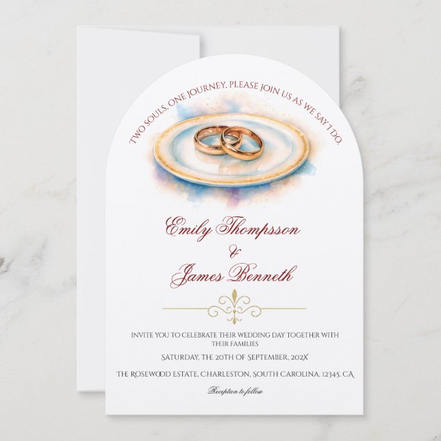 Invitación Elegant Watercolor Golden Rose Wedding Rings (Anverso)