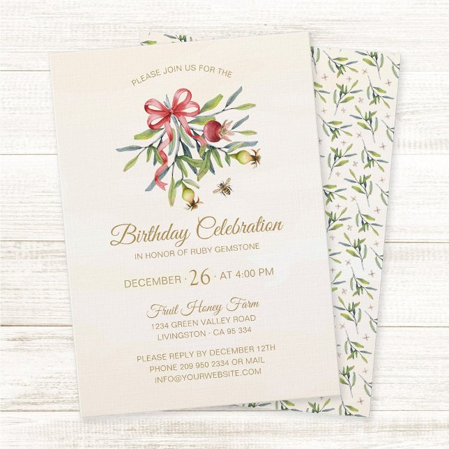 Invitación Elegant Watercolor Greenery Pomegranate Birthday (Bees and Nature, elegant timeless birthday invitation in cottage style with botanical design.)