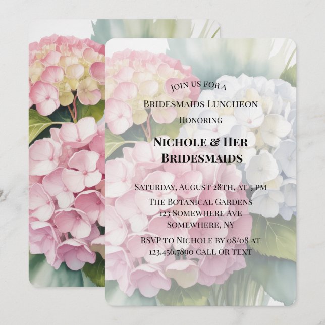Invitación Elegant Watercolor Hydrangea Bridesmaids Luncheon  (Anverso / Reverso)