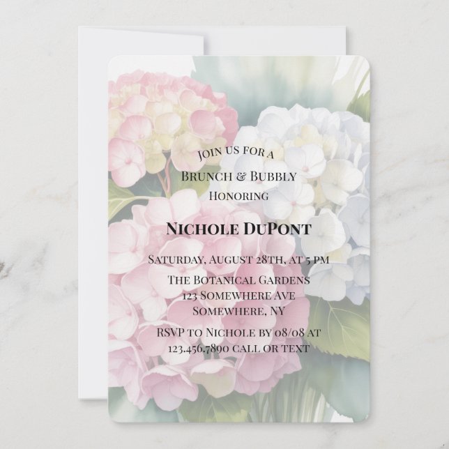 Invitación Elegant Watercolor Hydrangea Brunch and Bubbly (Anverso)