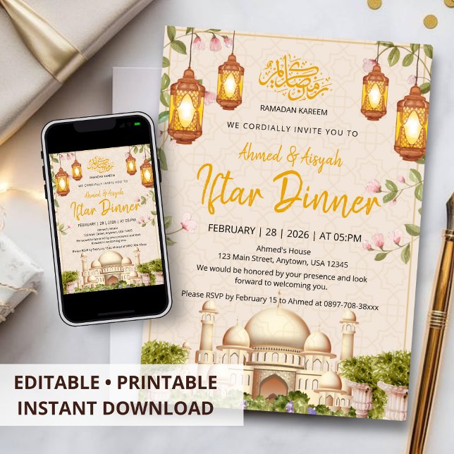 Invitación Elegant Watercolor Mosque & Lanterns Iftar Dinner  (Subido por el creador)
