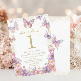 Invitación Elegant  Watercolor One 1st Birthday Butterfly Gir