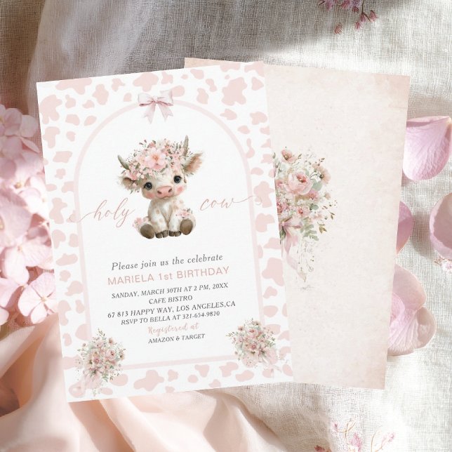 Invitación Elegant  Watercolor One 1st Birthday holy cow girl (Subido por el creador)