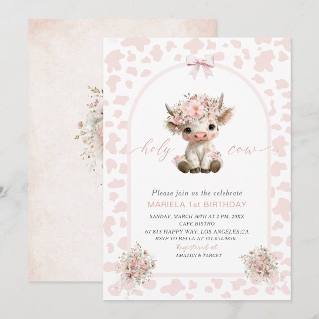 Invitación Elegant  Watercolor One 1st Birthday holy cow girl (Anverso / Reverso)