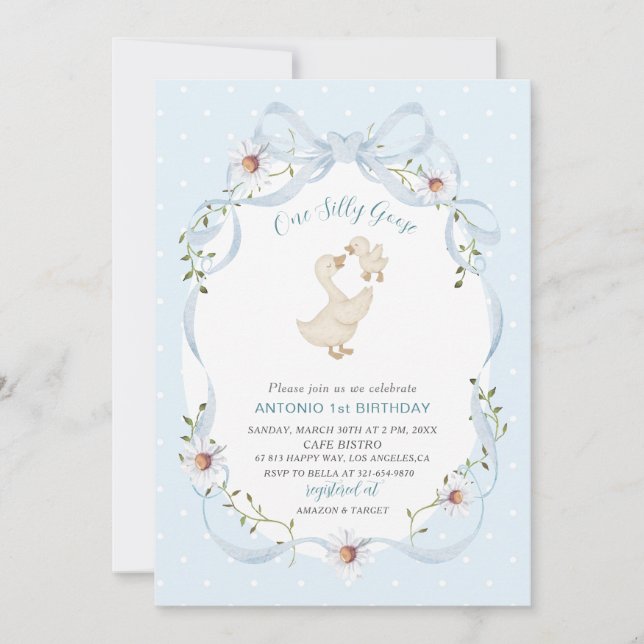 Invitación Elegant  Watercolor One 1st Birthday silly goose B (Anverso)
