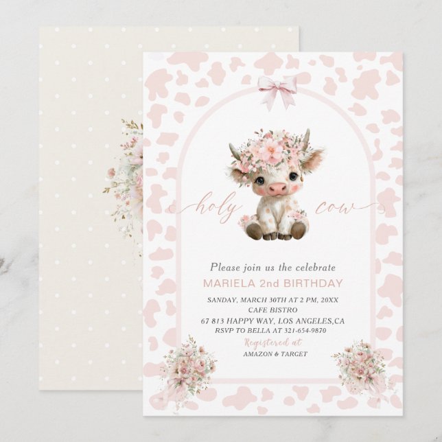Invitación Elegant  Watercolor One 2nd Birthday holy cow girl (Anverso / Reverso)