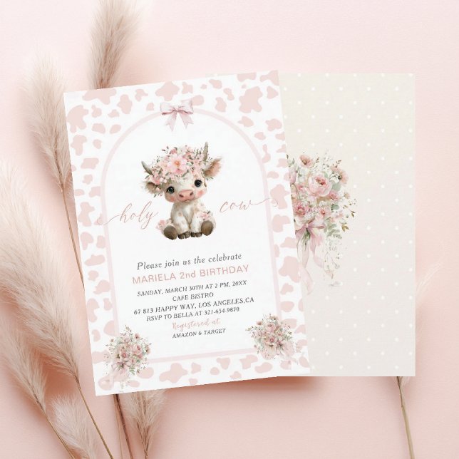 Invitación Elegant  Watercolor One 2nd Birthday holy cow girl (Subido por el creador)
