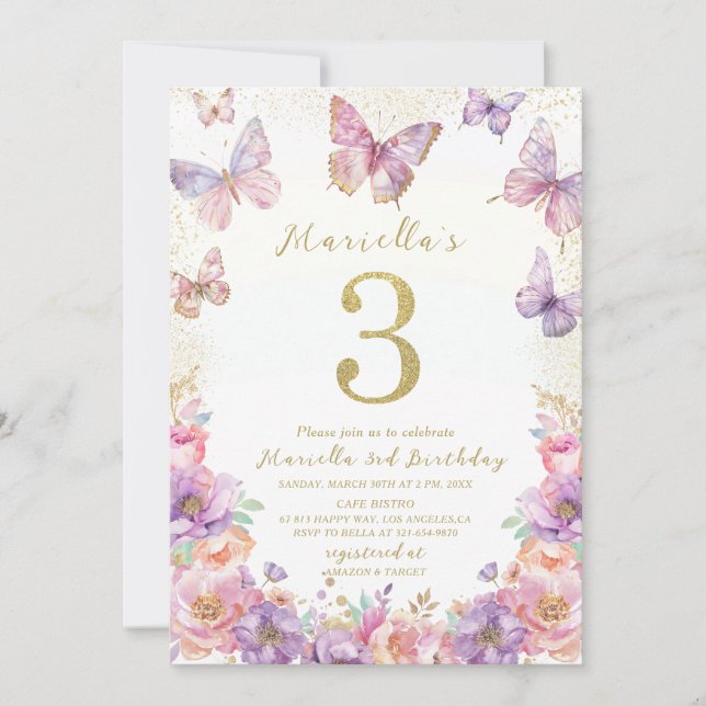 Invitación Elegant  Watercolor One 3rd Birthday Butterfly Gir (Anverso)