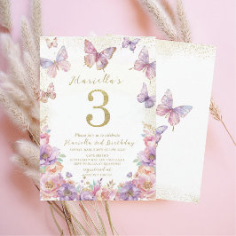Invitación Elegant  Watercolor One 3rd Birthday Butterfly Gir