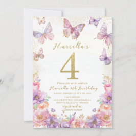 Invitación Elegant  Watercolor One 4th Birthday Butterfly Gir
