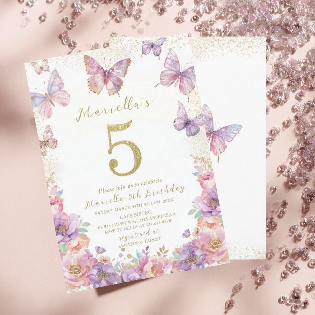 Invitación Elegant  Watercolor One 5th Birthday Butterfly Gir (Subido por el creador)