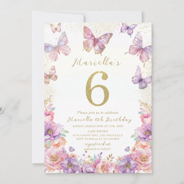 Invitación Elegant  Watercolor One 6th Birthday Butterfly Gir (Anverso)