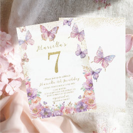 Invitación Elegant  Watercolor One 7th Birthday Butterfly Gir