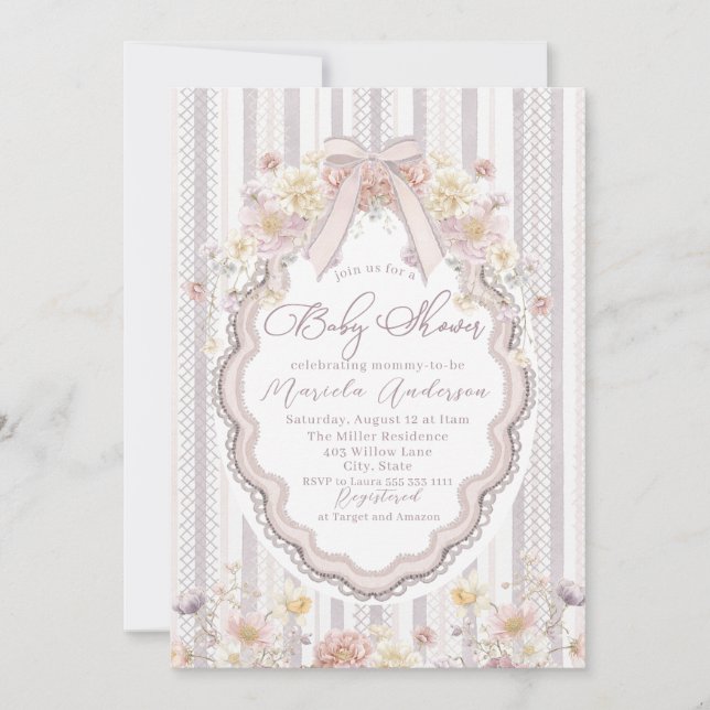 Invitación Elegant Watercolor pastel wildflower bow lace Baby (Anverso)