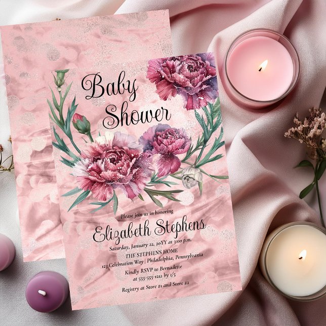 Invitación Elegant Watercolor Pink Carnations Baby Shower (Elegant Watercolor Pink Carnations Girl Baby Shower Invitation - Print | Digital Download)