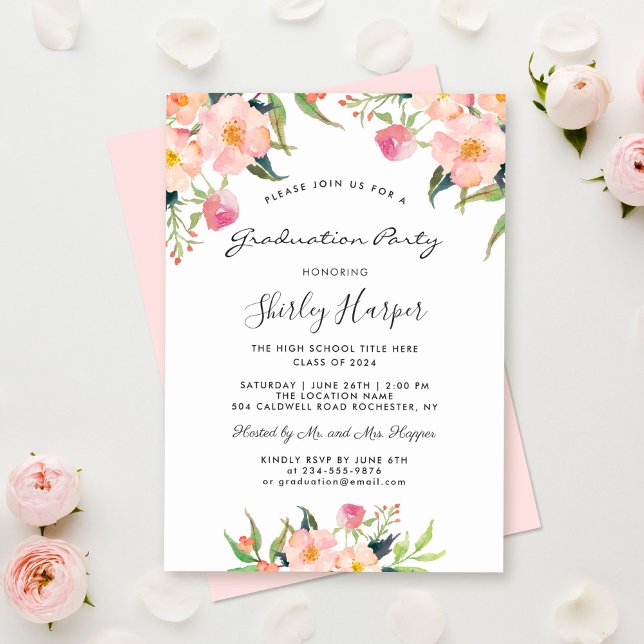 Invitación Elegant Watercolor Pink Floral Graduation Party (Subido por el creador)