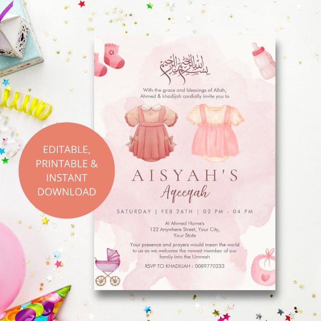 Invitación Elegant Watercolor Pink Islamic Baby Girl Aqiqah  (Subido por el creador)