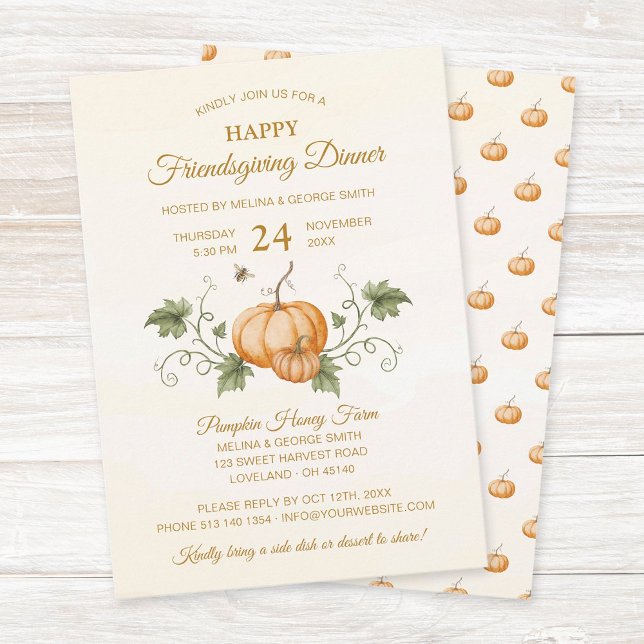 Invitación Elegant Watercolor Pumpkins Friendsgiving Dinner (Elegant friendsgiving dinner party invitation featuring watercolor pumpkins, vines, leaves and bees.)