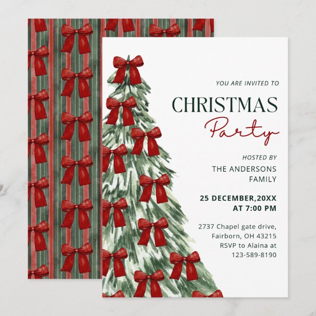 Invitación Elegant Watercolor Red Bow Christmas Tree Party (Anverso / Reverso)