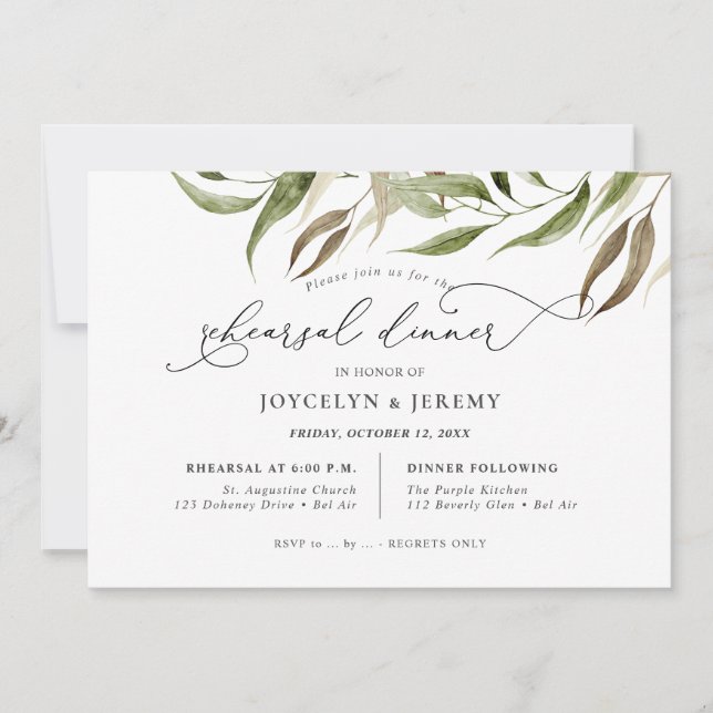 Invitación Elegant Watercolor Rustic Eucalyptus Rehearsal (Anverso)