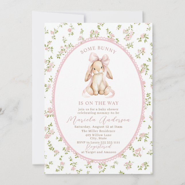 Invitación Elegant Watercolor some bunny pink bow Baby Shower (Anverso)