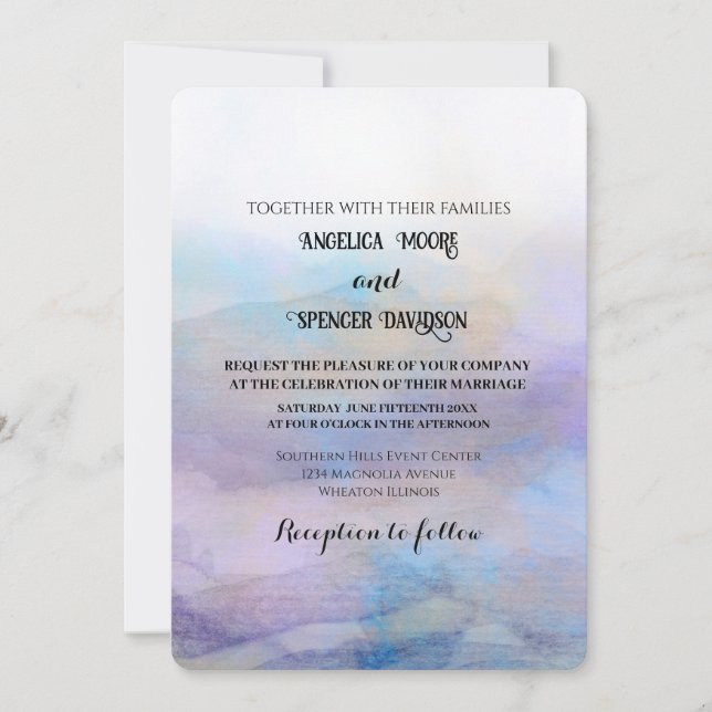 Invitación  Elegant watercolor style  purple blue wedding  (Anverso)