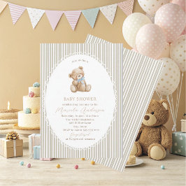 Invitación Elegant Watercolor Teddy Bear blue bow Baby Shower