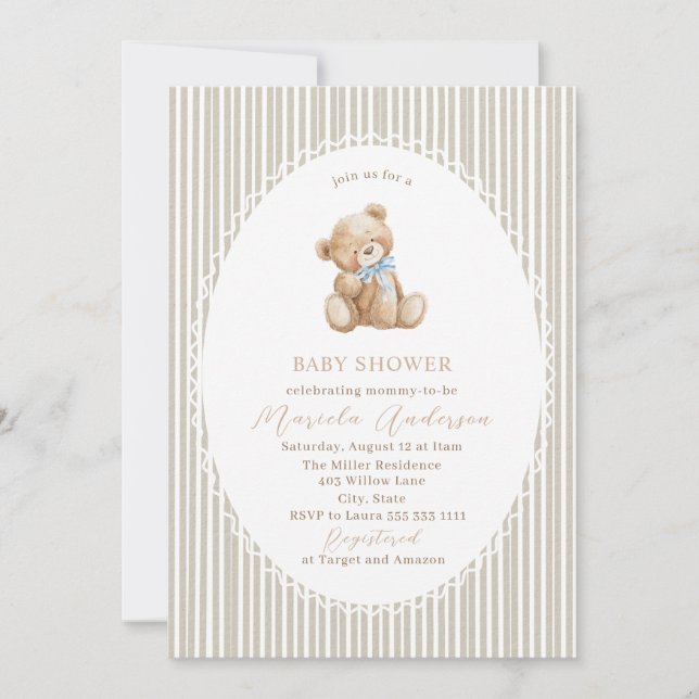 Invitación Elegant Watercolor Teddy Bear blue bow Baby Shower (Anverso)
