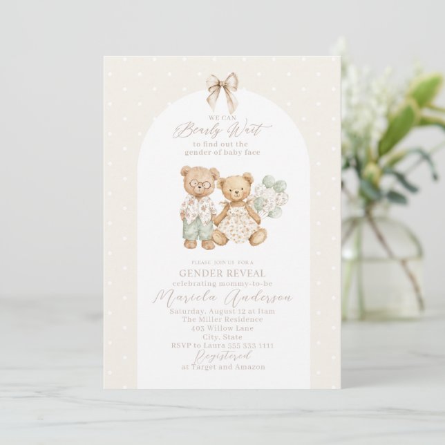 Invitación Elegant Watercolor Teddy Bear gender reveal Baby S (Anverso de pie)