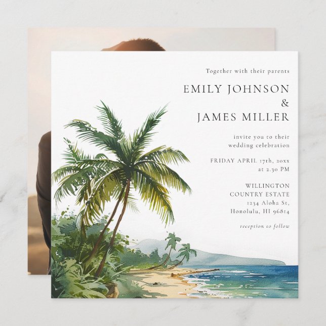 Invitación Elegant Watercolor Tropical Beach Photo Wedding (Anverso / Reverso)