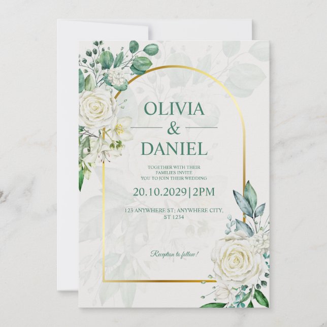 Invitación Elegant Watercolor White Roses Wedding Invitation (Anverso)