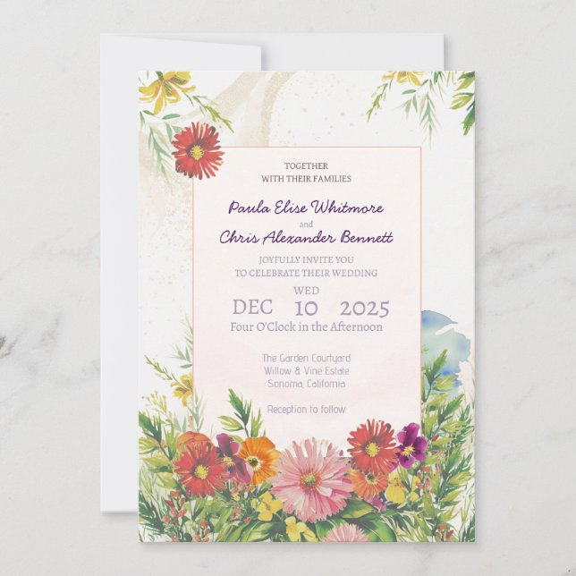 Invitación Elegant Watercolor Wildflower Garden Wedding (Anverso)
