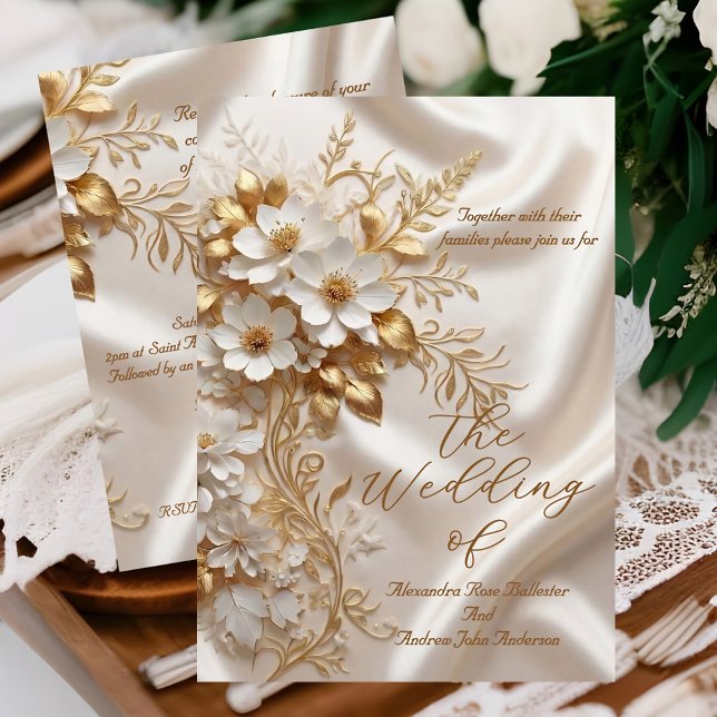 Invitación Elegant Wedding Beige White Gold Floral Silk (Subido por el creador)