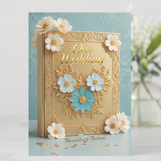 Invitación Elegant Wedding Book Blue White Gold Flowers (Subido por el creador)