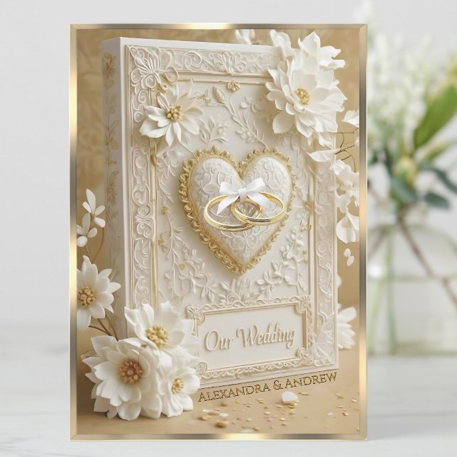 Invitación Elegant Wedding Book Gold Heart Lace White Flowers (Subido por el creador)