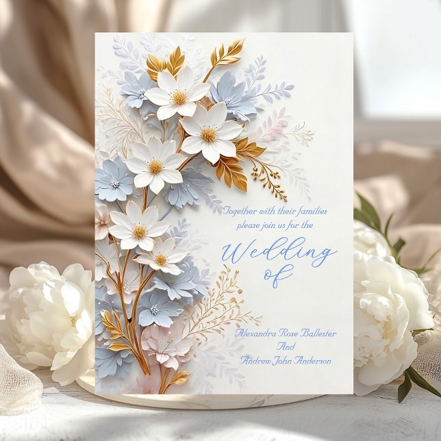Invitación Elegant Wedding Cornflower Blue White Gold Flowers (Subido por el creador)