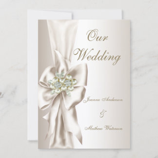 Invitación Elegant Wedding Damask Pearl Cream White Bow 2