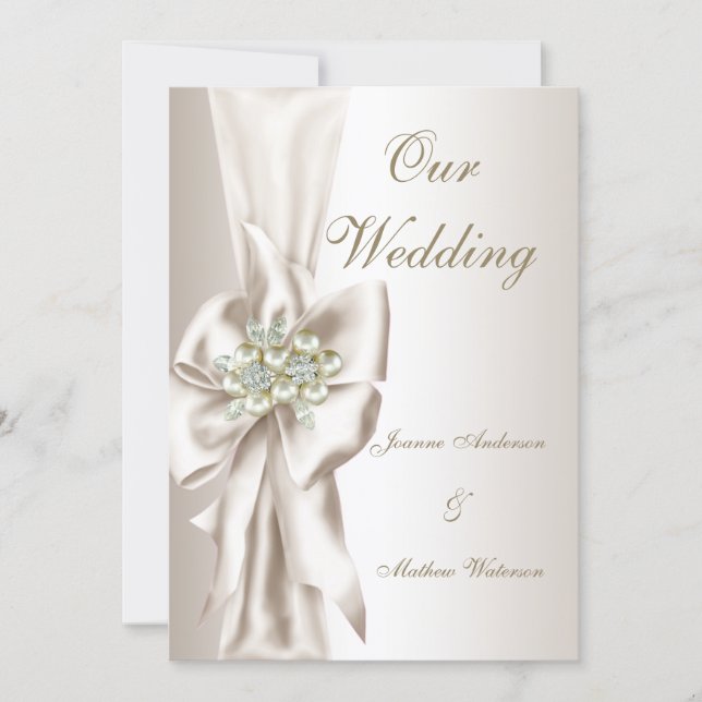 Invitación Elegant Wedding Damask Pearl Cream White Bow 2 (Anverso)
